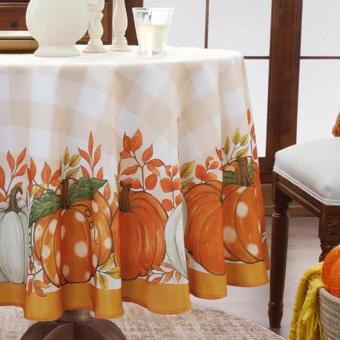 Romanstile Fall Round Tablecloth, Thanksgiving Autumn Harvest Pumpkin Buffalo Plaid Table Cloth, Stain Resistant Washable Table Cover for Party/Dining/Holiday- Orange Checkered, 70 Inch