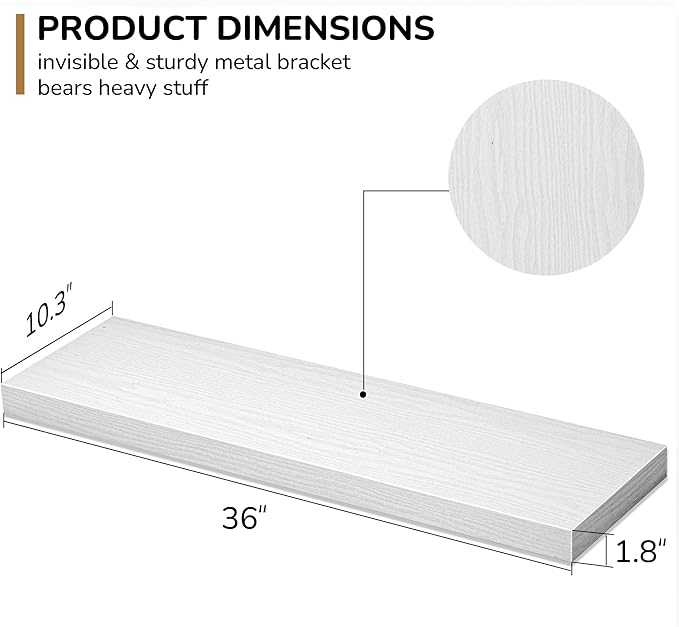 Floating Shelves - 10.3 Inch Deep Wall Shelf for Decor & Storage - Wall Mounted Display Shelving with Invisible Heavy-Duty Metal Bracket - 36" W x 10.3" D x 1.8" H - Set of 1 - Rustic White