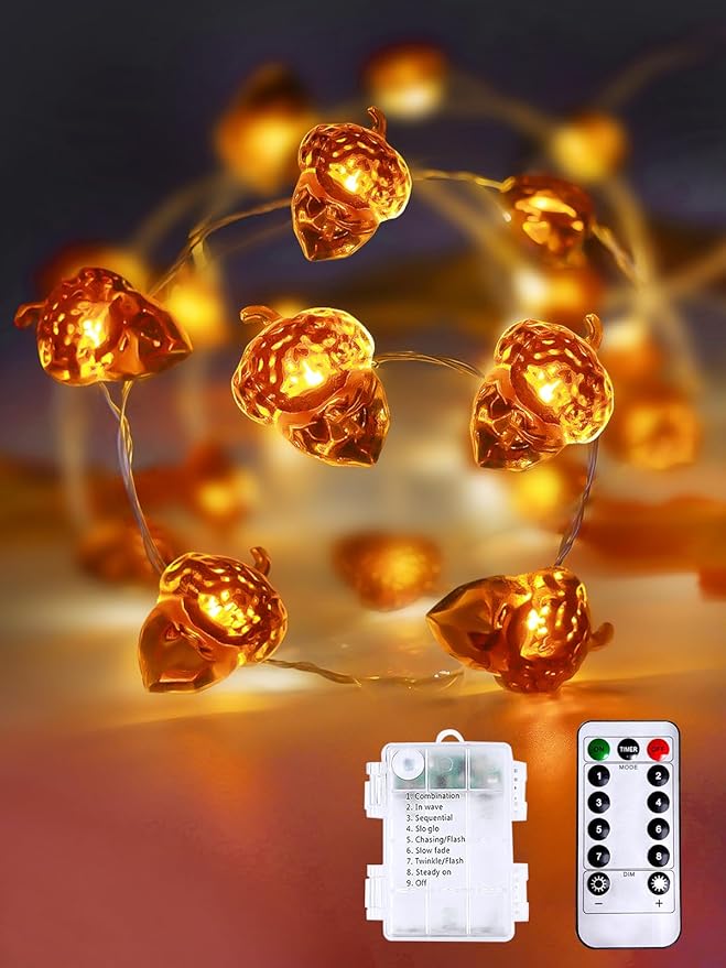 Fall Decor Acorn Fairy Lights Battery Operated with Remote, 10ft 30LED Acorn Fall Lights String 8 Modes & Timer Waterproof Outdoor Indoor for Thanksgiving Autumn Harvest Garland Halloween Decorations