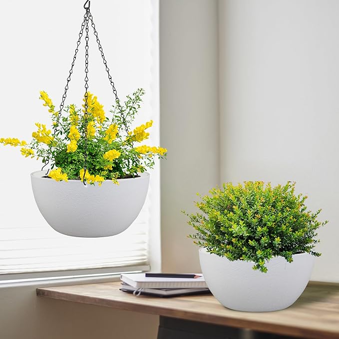 12 inch Large Hanging Planters for Indoor Outdoor Plants, 2 Pack Hanging Flower Pots with Drainage Holes and Chain for Garden Porch, Plastic Hanging Baskets for House Plants, White