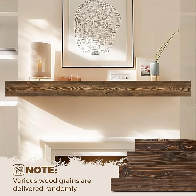 72x8x3 Fireplace Mantel - Handcrafted Hollow Rustic Solid Wood Wall Mounted Floating Shelf with Invisible Heavy Duty Wood Bracket (Weathered Brown)