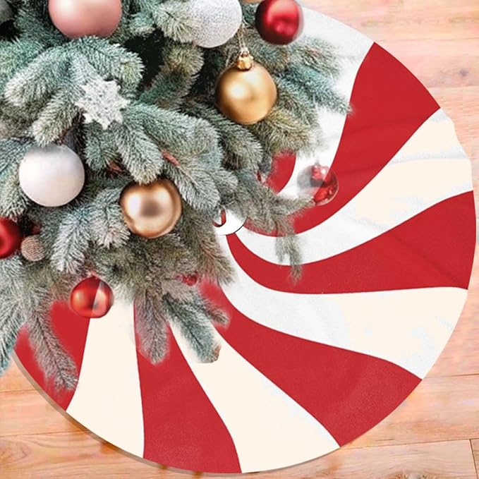 48" Large Christmas Tree Skirt, Red and White Peppermint Candy Round Pattern Tree Mat Base Cover for Xmas Festive Holiday Party Decoration Ornaments