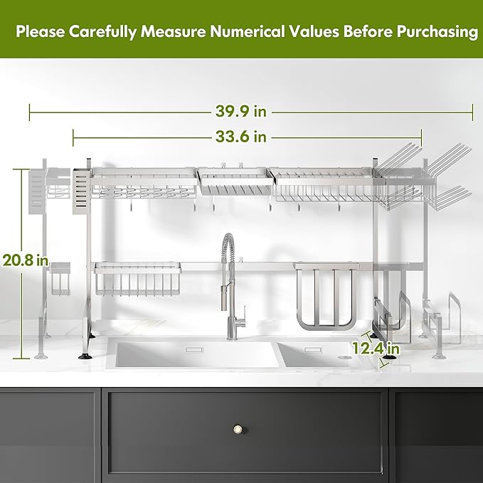 2 Tier Extra Large Stainless Steel Expandable Over The Sink Dish Drainer Drying Rack, Rust Proof Metal, Space Saving, Modern Silver Big Capacity Extendable Plate Strainers Above Kitchen Counter