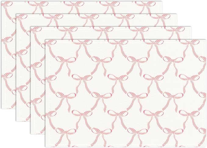 Placemats Set of 4, Pink Bow Table Mat for Home Kitchen, Restaurants, Outdoor Linen Washable Place Mats 12x18 inch Party Event Dining Decoration-06