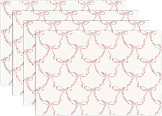 Placemats Set of 4, Pink Bow Table Mat for Home Kitchen, Restaurants, Outdoor Linen Washable Place Mats 12x18 inch Party Event Dining Decoration-06