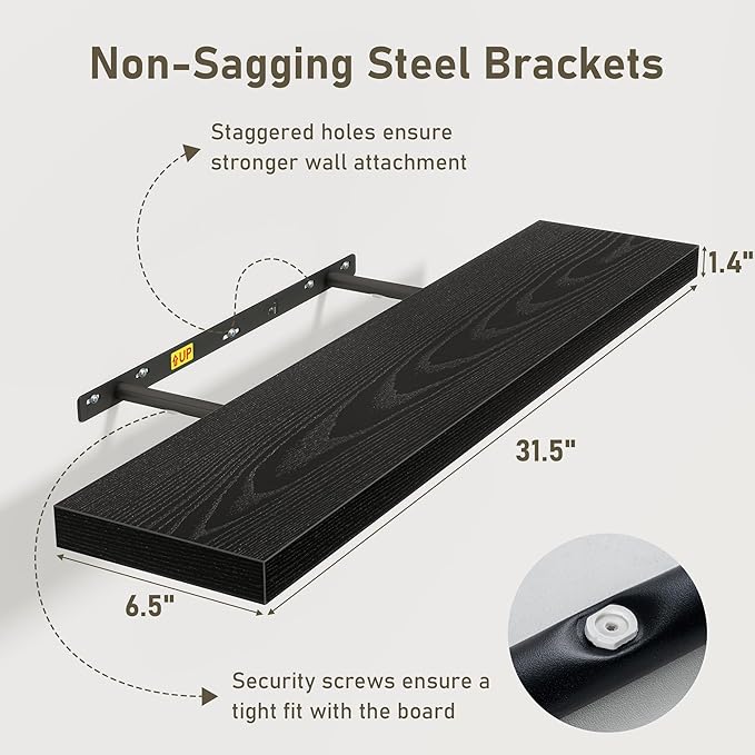 Fun Memories 32 Inch Floating Shelves Wall Shelf Set of 3, Black Bathroom Shelves 32 Inch, Farmhouse Home Decor Living Room, Kitchen Black Shelves for Wall, 32 x 6.7 x 1.4 Inch