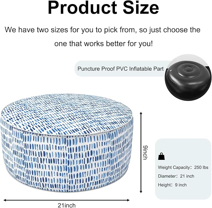 Inflatable Ottoman Stool D21 xH9 for Outdoor/Indoor Use, Water Repellent Patio Foot Rest Stool with Portable Handle,Round Pouf Ottoman Suitable for Garden,Deck and Camping - Pebble Blue