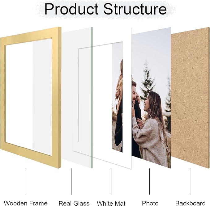 10x14 Picture Frame Set of 4, 10 x 14 Wood Photo Frames with Mat for 8x12 or 30x40cm Diamond Painting Art, Wooden Frame with Real Glass Cover for Wall and Tabletop Display,Gold