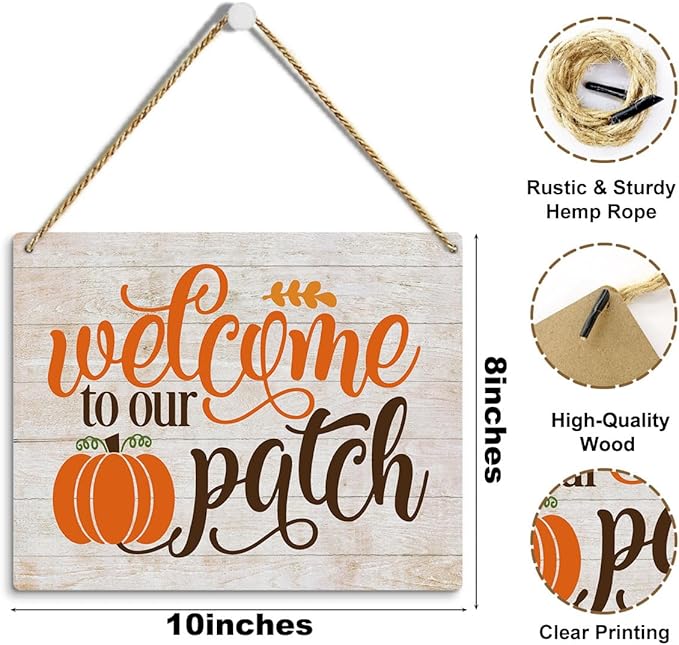 MIGUMUTU Rustic Farmhouse Fall Signs Door Wall Hanging Decor, Fall Room Home Decor, Pumpkin Decor Decoration for Home, Fall Decoration for Home, Welcome To Our Patch Sign 12 X 12 Inch
