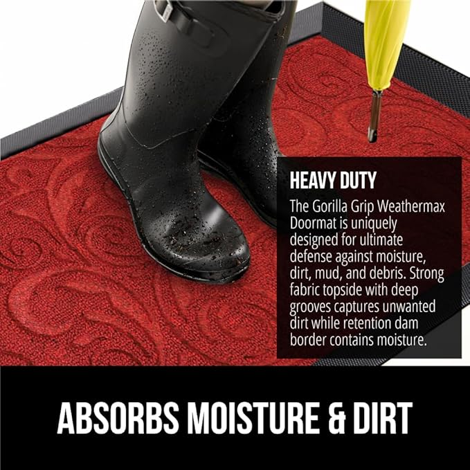 GORILLA GRIP 100% Waterproof All-Season WeatherMax Doormat US Designed Natural Rubber, Stain and Fade Resistant, Low Profile Indoor Outdoor Door Mats, Easy Clean Patio Mat, 17x29, Red Vintage Wine