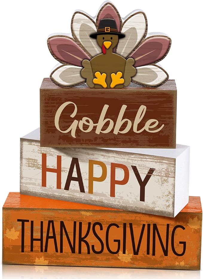 4 Pcs Fall Decorations for Home Thanksgiving Tiered Tray Decor Fall Table Decor Thanksgiving Centerpiece Rustic Wooden Turkey Block Sign for Autumn Harvest Party Table Kitchen Shelf