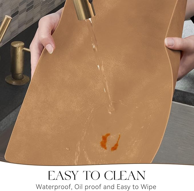 MOSAYT Vinyl Placemats Set of 4-12 X 17 Inch - Faux Leather 100% Waterproof Oil-Proof Wipeable PU Place Mats, Heat Resistant Reversible Table Mats for Kitchen, Dining, Outdoor (Camel)