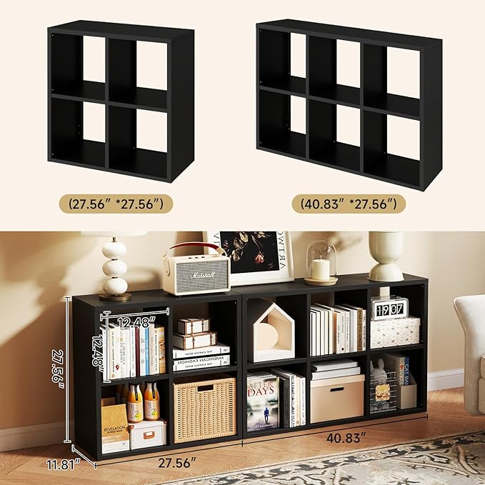 6 Cube Storage Organizer, Black Bookshelf with Storage, 2 Tier Storage Cubes, Freestanding Storage Organizer with Shelves for Living Room, Study