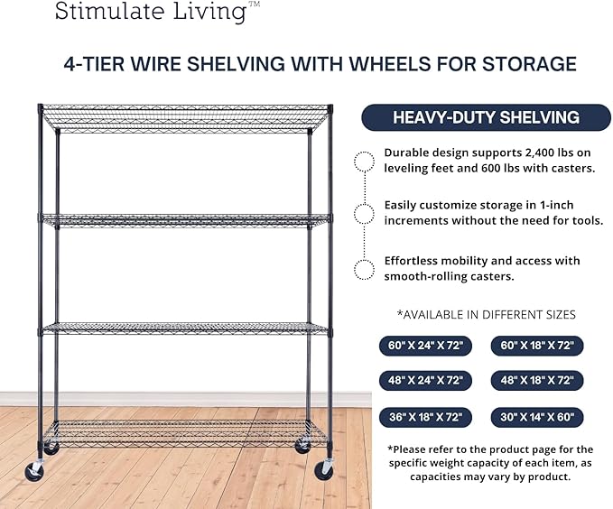60"x24"x72" PRIME HEAVY DUTY Black 4-Tier Wire Shelving NSF 2400 LBS MAX Capacity Storage Rack for Commercial, School, Home, Garage, Warehouse, Industrial, and Hospital Uses (with Wheels)