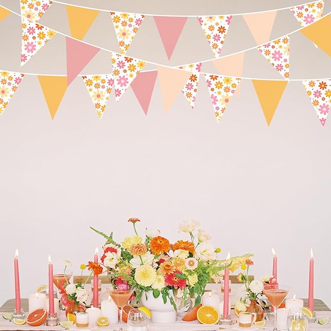 32Ft Groovy Party Decorations Dusty Pink Yellow Pennant Banner Fabric Triangle Flag Bunting Garland Streamers for Daisy Groovy Boho Retro Hippie Wedding Birthday Baby Shower Spring Party Supplies