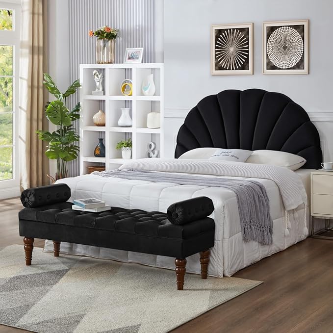 24KF Stunning Crown Design Queen Headboard, Upholstered Soft Velvet Petal Pattern Headboard Queen/Full-Black