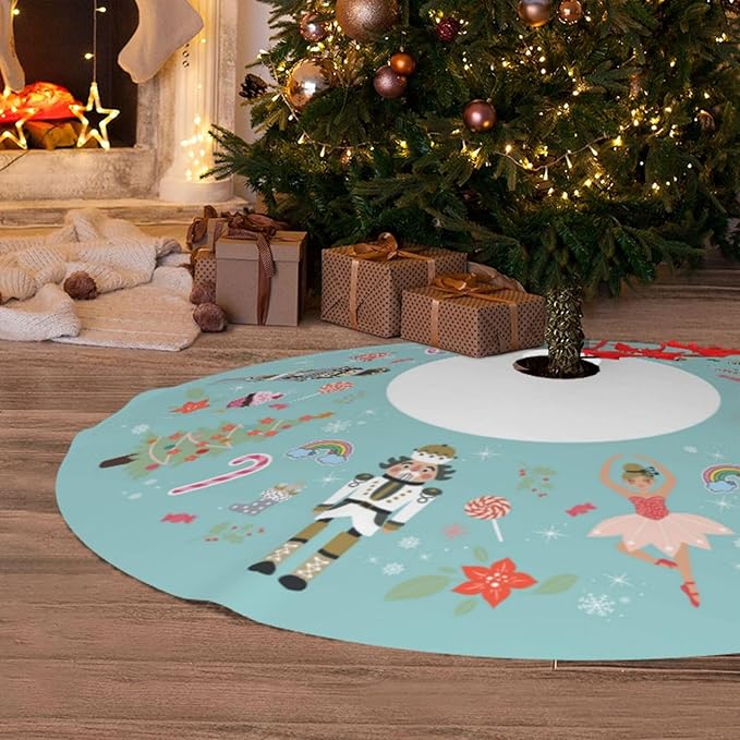 48" Large Christmas Tree Skirt, Turquoise Nutcracker Sweet Pattern Tree Mat Base Cover for Xmas Festive Holiday Party Decoration Ornaments