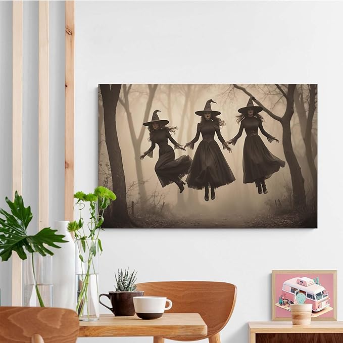 Three ghost witches flying in vintage forest gothic wall art witchcraft decoration holiday gift canvas wall art print12x16in Wood Framed