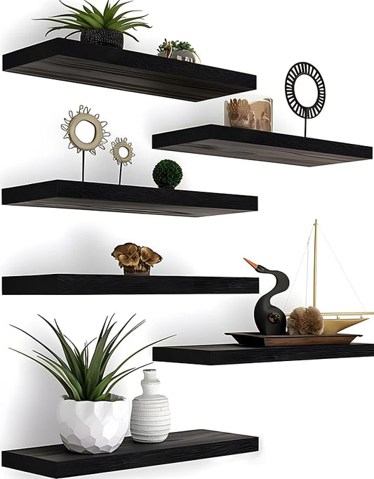 Wood Floating Shelves for Wall Decor, Rustic Wall Shelves for Bedroom Bathroom Kitchen Living Room, Set of 6 Black