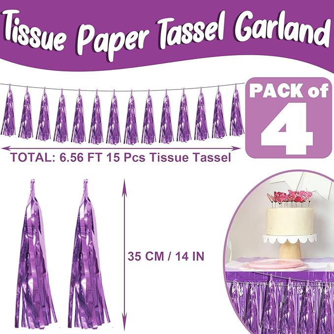 4P Light Purple Foil Fringe Metallic Streamers Banner Tassel Garland for Parade Floats, Bachelorette, Wedding, Birthday, Halloween, Christmas, Bridal/Baby Shower Party Decorations