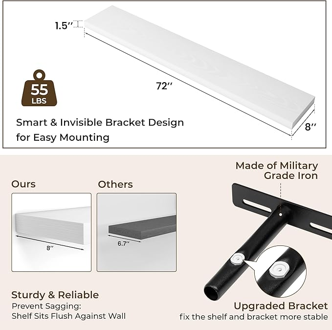 RICHFOCUS 72Inch Floating Shelves for Wall 1 Pack Shelves for Bedroom|Kitchen|Bathroom Wall Mounted Rustic Wood Floating Shelf with Invisible Brackets for Books|Storage|Decor, White