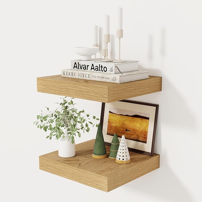 Fun Memories 12 Inch Floating Shelf, Rustic Wood Wall Shelves for Wall Decor & Storage, 12 x 12 Floating Shelf for Living Room, Bathroom, Bedroom, Oak, Set of 2