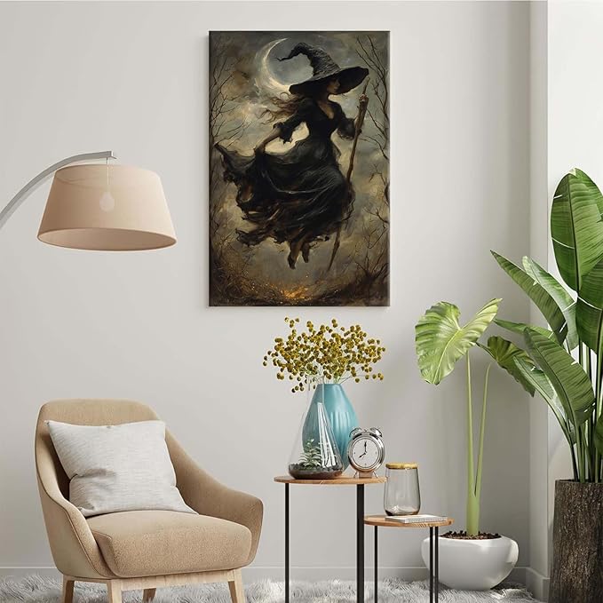 JFHCQJPK Witch in the Forest Halloween Print Wall Art Poster Witch Decor Vintage Print Dark College Wall Art Victorian Gothic Room Decor Canvas Wall Print28x40in Frameless