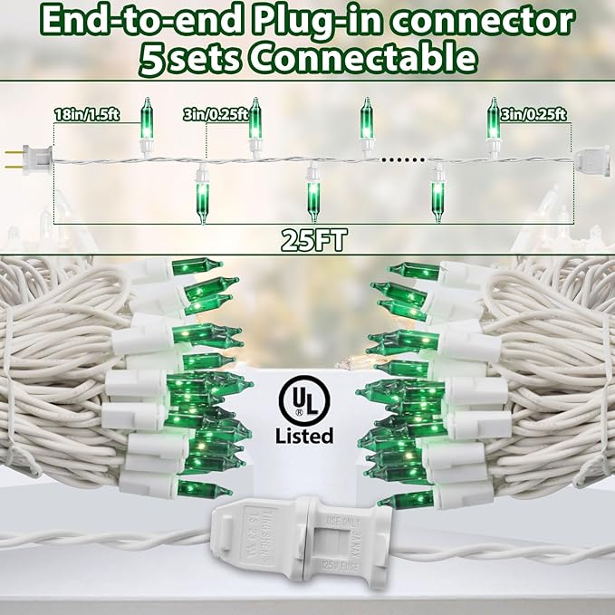 St. Patrick's Day Mini String Light Green Christmas Lights, 25FT 100 Incandescent Bulbs Green Lights with White Wire for Christmas Tree, Garland, Indoor & Outdoor St Patricks Day Decoration