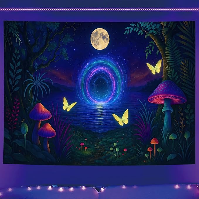 Starlit Patio Glowing Mushrooms Blacklight Tapestry UV Reactive Wall Hanging Psychedelic Portal Butterflies Moonlit Lake for Bedroom Dorm Living Room Fantasy Nature Decor Fluorescent Trippy Poster 78 x 59 Inch