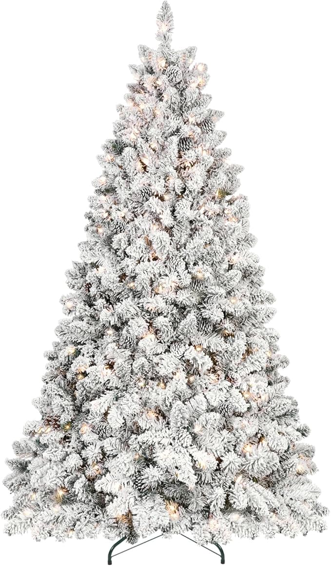 6ft Pre-lit Christmas Tree, Flocked Christmas Tree with 350 UL Lights & Pine Cones & 888 Tips, Snow Frosted Artificial Christmas Tree Prelit, Auto Hinged Spruce Xmas Tree for Holiday Decor
