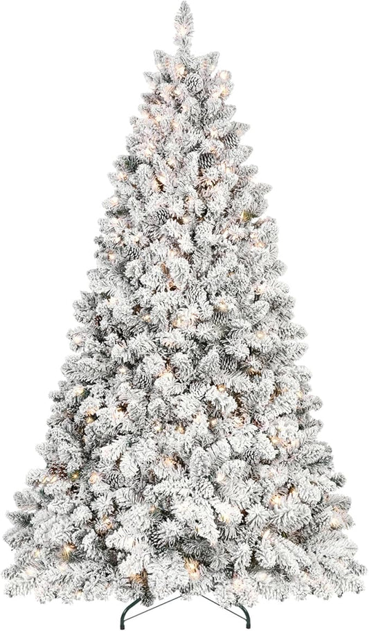 5ft Pre-lit Flocked Christmas Tree, Artificial Christmas Tree with Lights, Snow Frosted Christmas Trees Pre-lit with Pine Cones & 300 UL Lights, 600 Tips, Hinged Easy Setup Xmas Tree