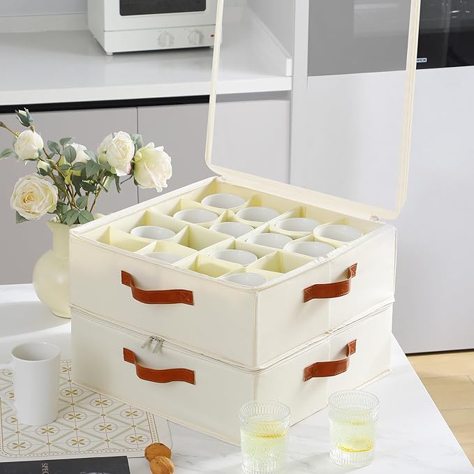 2 Pack Cup and Mug Storage Box with Dividers and Hard Shell, Stackable Coffee Cup Storage Organizer with Lid, Zipper, and Handles for Coffee Mugs, Cups, Glasses, Stemware Storage Containers for Moving