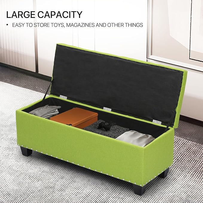 MoNiBloom 42 Inch Long Bench with Storage, Modern 40L Inner Space Green Linen Foot Stool for Bedroom, Upholstered Padded Rectangular Fabric Tufted Bench Footrest with Wood Legs with 660 Lbs Capacity