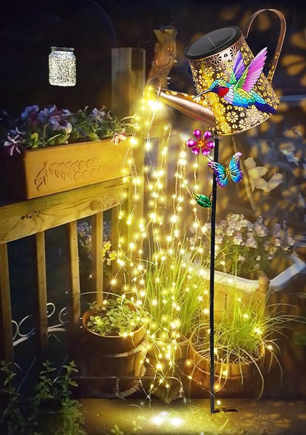 Solar Lights Outdoor Decorative,Metal Solar Watering Can Lights with Hummingbird, Waterproof Garden Stake for Yard Lawn Patio Pathway Landscape