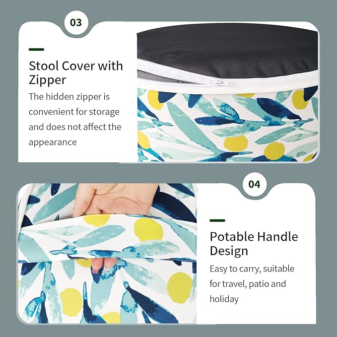 Inflatable Ottoman Stool D21 xH9 for Outdoor/Indoor Use, Water Repellent Patio Foot Rest Stool with Portable Handle,Round Pouf Ottoman Suitable for Garden,Deck and Camping - Leaves Multi