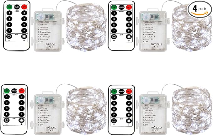 4 x Fairy Lights Battery Operated, Silver Wire Chains 8 Mode 5M 50 LEDs Timer String Lights with Remote Control for Bedroom Christmas Party Wedding Decoration