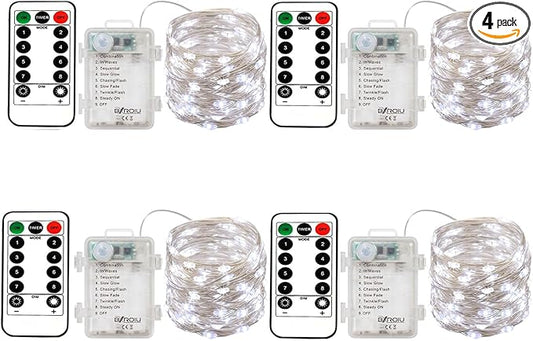 4 x Fairy Lights Battery Operated, Silver Wire Chains 8 Mode 5M 50 LEDs Timer String Lights with Remote Control for Bedroom Christmas Party Wedding Decoration