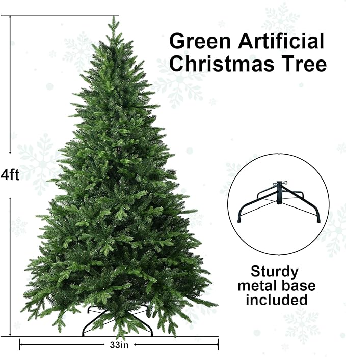 4FT Artificial Christmas Tree with 668 PE&PVC Mixed Branch Tips, Unlit Hinged Premium Spruce Fake Xmas Trees, Green, Foldable Base