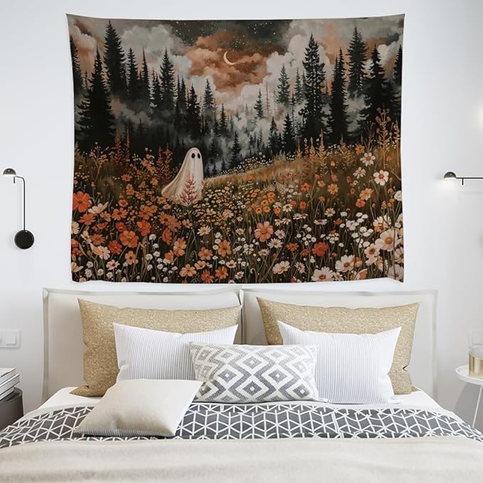 Spooky Fall Forest Art Halloween Tapestry Wall Hanging Cute and Funny Forest Flower Ghost Tapestry for Bedroom Whimsical Dark Academia Aesthetic Tapestries for Home Living Room Decor 40x60inch