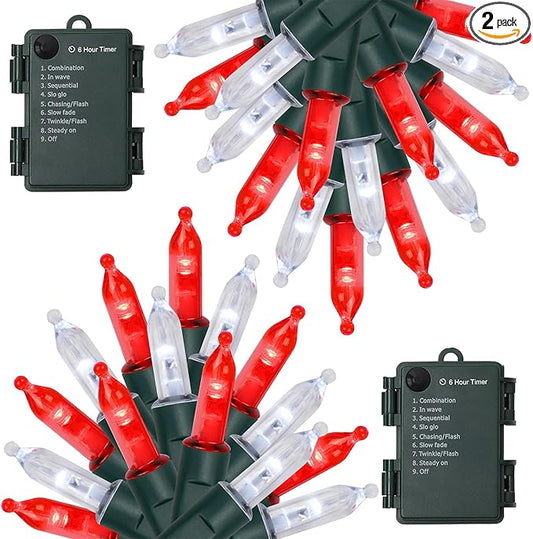 WATERGLIDE 2 Pack 50 LED Outdoor Christmas Lights, 16FT Battery Operated Mini String Lights with 8 Modes & Timer, Xmas Tree Lights Waterproof for Patio Garden Party Wedding Holiday Decor, Red & White