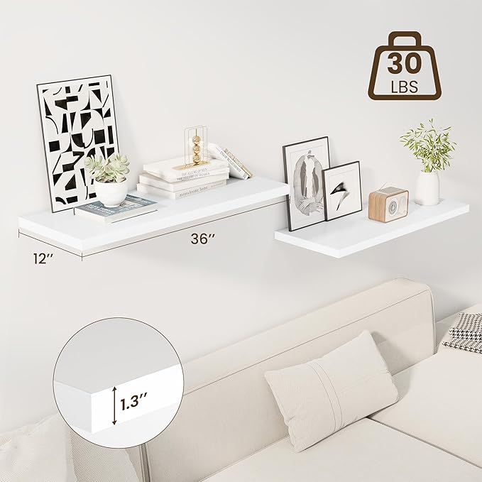 36" Floating Shelves for Wall, 12" Deep Slim White Floating Shelves, Wall-Mounted Shelves for Bedroom, Living Room, Kitchen, Bathroom - Set of 2