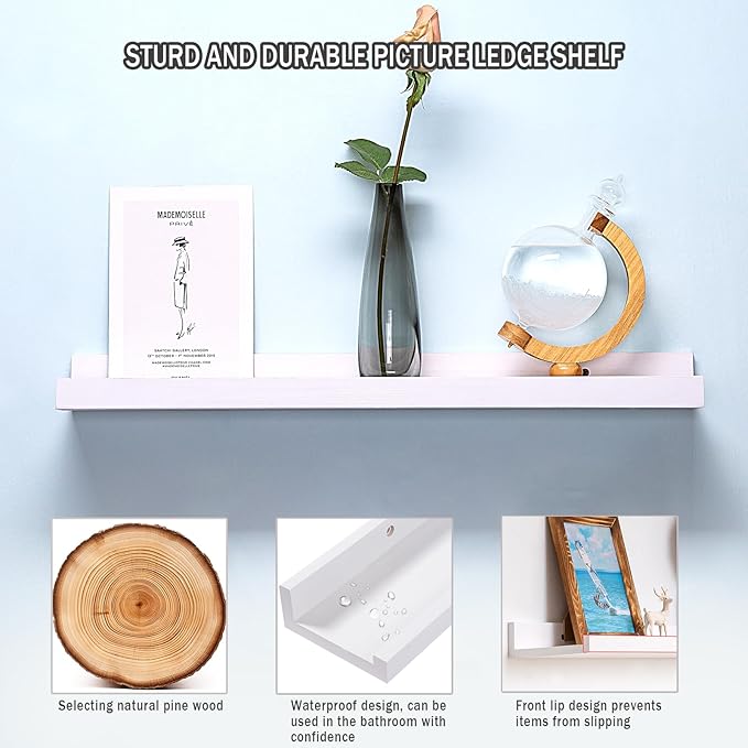 AZSKY White Kids Bookshelf Floating Shelves Wall Mounted 24 Inches Long Nursery Wooden Book Shelves for Toys Storage Picture Ledge Shelf for Living Room Bedroom Decor Books Photo Frames Set of 3