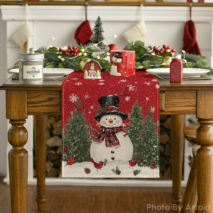Artoid Mode Snowman Christmas Birds Trees Table Runner, Seasonal Winter Xmas Holiday Kitchen Dining Table Decoration for Home Party Decor 13 x 60 Inch