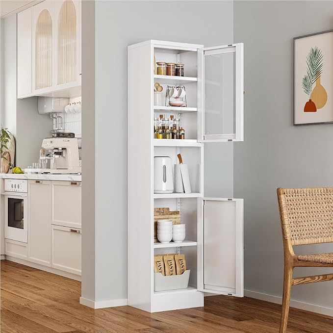 67" Tall Bathroom Storage Cabinet, Narrow Metal Floor Cabinet with Glass Door and Adjustable Shelves, Freestanding Metal Locker for Laundry, Kitchen, Dining Room