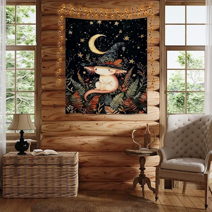 Whimsical Witch Tapestry Wall Hanging Decor Cute Axolotl Tapestry Magical Moon Animal Nursery Decoration Halloween Tapestries wall art for Home Kids Bedroom Living Room 60x80inch
