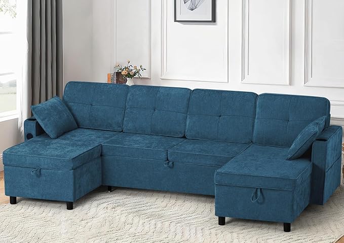 110 Inches Chenille Sectional Sofa w/Pull Out Sofa Bed & Adjustable Back, Tufted U Shaped Couch w/Two Storage Chaises, Sleeper Sectional Sofa w/USB Port & Cup Holders for Living Room, Blue