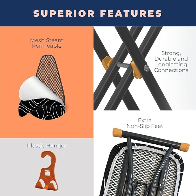 Ironing Board, Compact and Space Saver Ironing Board with Extra Thick 3 Layers Cover, Height Adjustable, Easy Storage with Smart Hanger and Heavy Duty Steel Legs, Black (13x43)