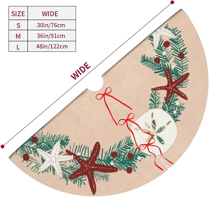 36" Large Christmas Tree Skirt, Coastal Rustic Beach Christmas Holiday Starfish Pattern Tree Mat Base Cover for Xmas Festive Holiday Party Decoration Ornaments