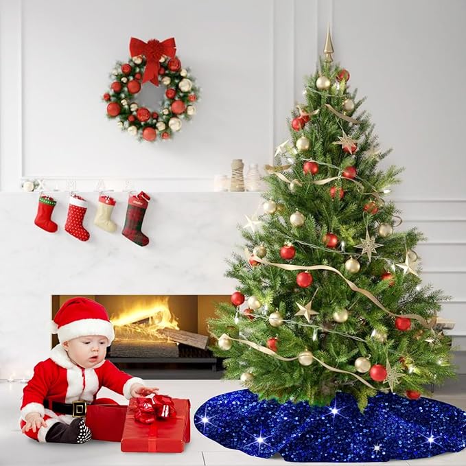 MODFUNS Sequin Tree Skirt Royal Blue Christmas Tree Skirt 60 Inch Velvet Fabric Large Xmas Tree Mat Glitter Tree Skirts Luxury Christmas Tree Skirts Sparkly Tree Cover Skirt Xmas Holiday Decor