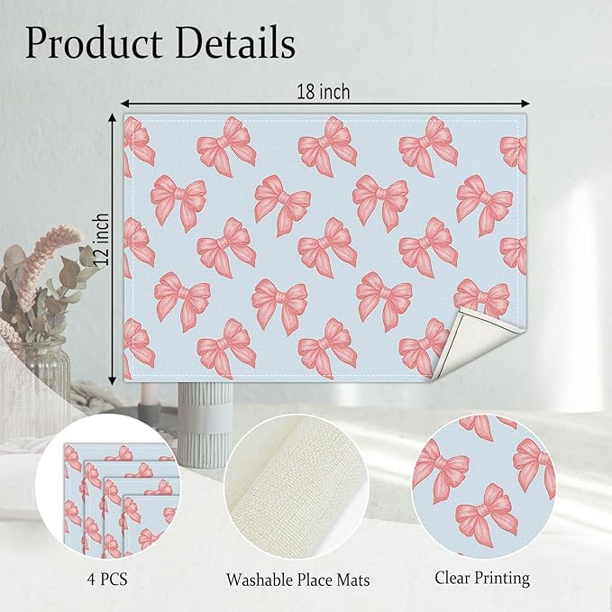 Pink Bow Placemats Set of 4, Blue Table Mat for Home Kitchen, Restaurants, Outdoor Linen Washable Place Mats 12x18 inch Party Event Dining Decoration-04